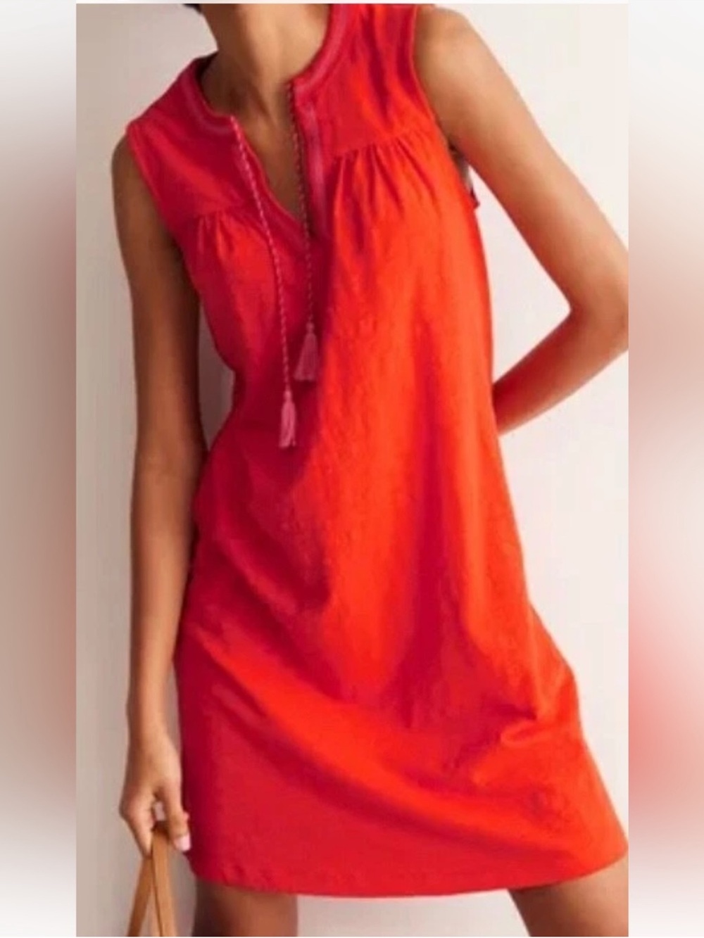 Boden Sleeveless Tassel V-Neck Mini Dress in Bright Orange-Red